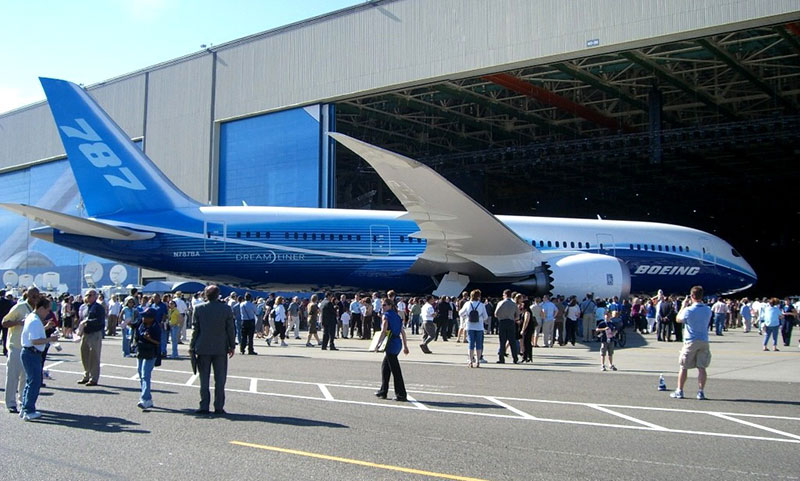 Đám đông tụ tập xung quanh chiếc Boeing 787 Dreamliner trong buổi lễ ra mắt công chúng ở Everett, Washington vào tháng 7 năm 2007.