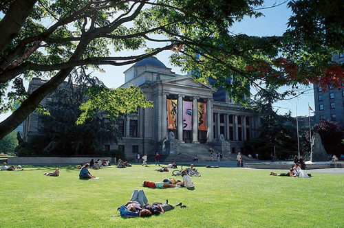 Người nằm trên bãi cỏ tắm nắng vào mùa xuânan Vancouver ở Canada.